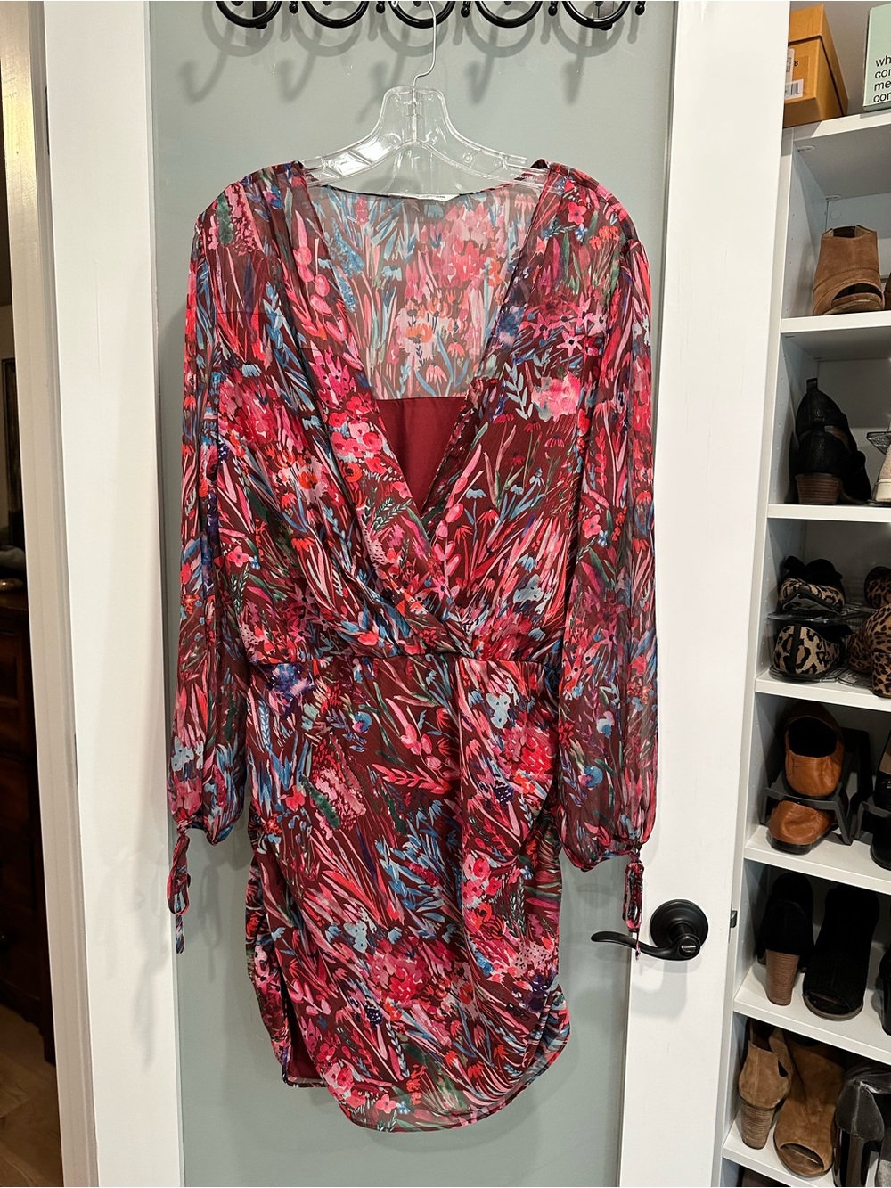 Amanda Uprichard Burgundy Floral Long Sleeve Wrap Dress